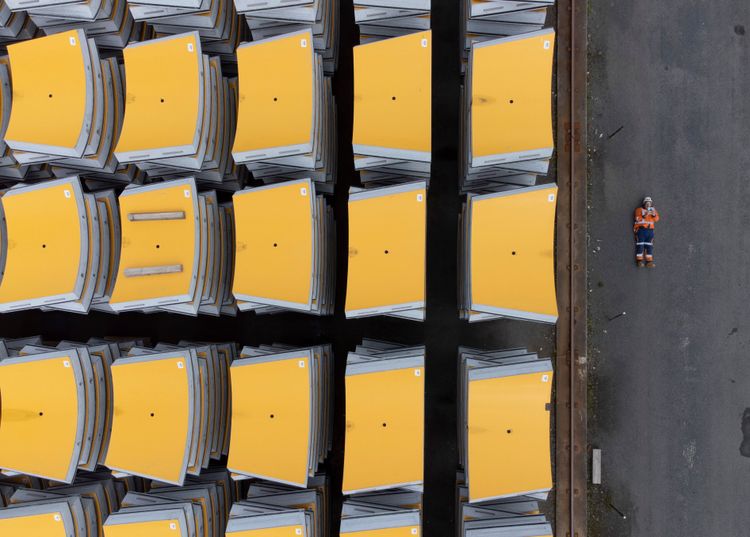 Drone shot of tunnel segments in storage area at Wilson’s Group concrete factory - 2023