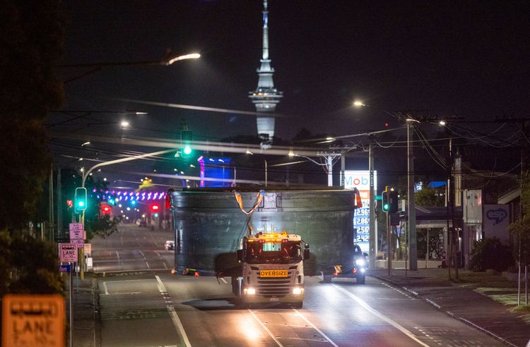 A section of Glass Reinforced Plastic shaft liner is driven through city streets - 2023