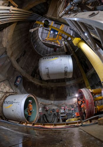 Tunnel sections are lowered into the shaft, ready to be pipe-jacked into place, to create Link Sewer C – Blockhouse Bay - 2022