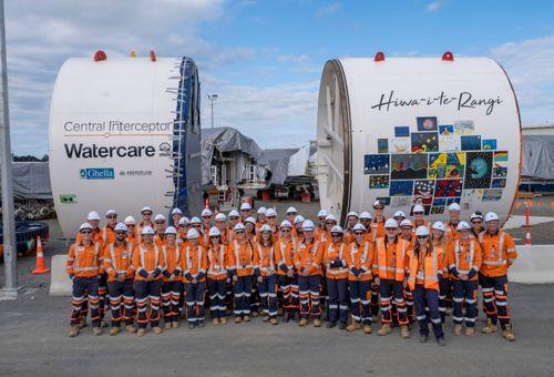 Central Interceptor staff by the tunnel boring machine, Hiwa i te Rangi