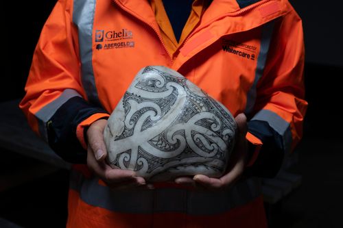 A taonga providing connection at the blessing for the start of shaft excavation works at Western Springs - Artist: Te Mairiki Williams - 2023